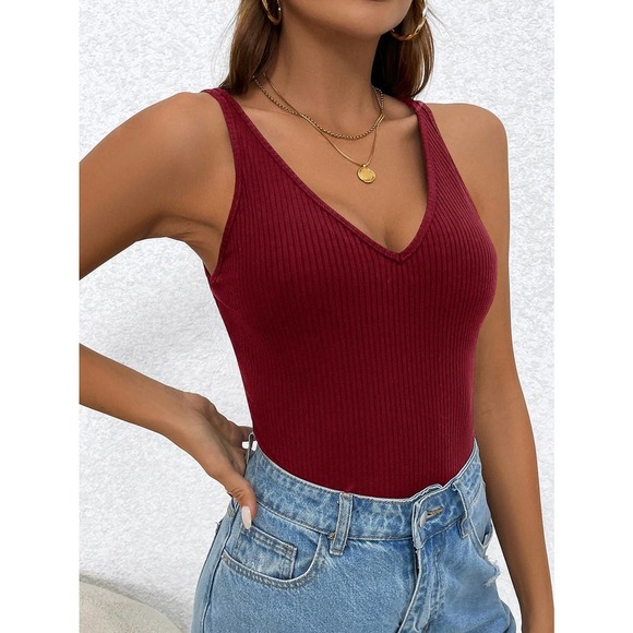 Solid Ribbed Knit Tank Top double v neck minimalist black - Picture 10 of 11